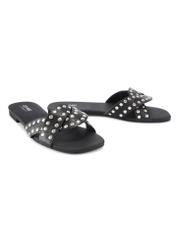 Women's black leather mules with rhinestones BUTYD-1226-99(W26), diagonal product view on a white background.