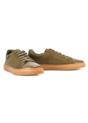 Men's khaki leather sneakers BUTYM-0486-8D(W26), diagonal product view on a white background.