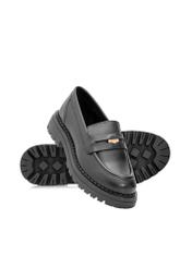 Women's black leather moccasins with logo BUTYD-1197-99(Z25), product view diagonally from the top and bottom on a white background.