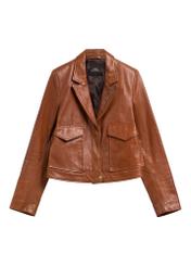 Women's short leather jacket in camel color KURDS-0471-1D(W26), front product view on white background.
