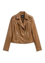 Beige women's leather jacket KURDS-0601-1B(W26), front product view on white background.