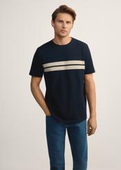 Navy blue cotton men's t-shirt TSHMT-0129-68(Z25), front view of the product on the model, half of the silhouette visible.