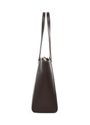 Brown women's shopper bag with monogram TOREC-1291-1I(Z26), product view from the side on a white background.