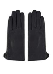 Women's navy blue leather gloves REKDS-0001A-69(Z25), product view from the front on a white background.