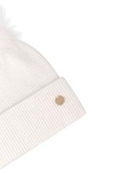 Women's ecru hat with fur pompom CZADT-0221-0B(Z26), close-up of the product detail on a white background.