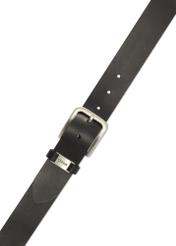 Navy blue men's leather belt PASMS-0273-69(Z25), close-up of the product buckle, view on a white background.