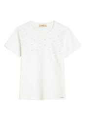 Cream women's T-shirt with pearls TSHDT-0158-0B(W26), front product view on white background.