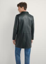 Men's black leather coat KURMS-0388-99(W26) - back view of the product, on a model, against a light background. Knee-length silhouette visible.