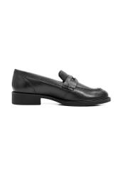 Women's black leather moccasins with logo BUTYD-1199-99(Z25), side view of the product on a white background.
