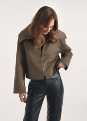 Short women's coat in brown color PLADT-0066-89(Z25), front view of the product on the model, half of the silhouette visible.-02