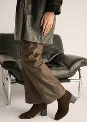 Brown suede high-heeled ankle boots BUTYD-1101-1I(Z26), side view of the product on the model's feet.
