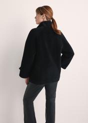 Women's wool fur coat in black FUTDW-0032-99(Z25) - product view from the back on a model on a white background. Half of the silhouette visible.