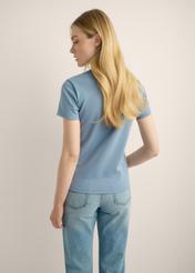 Blue cotton women's T-shirt TSHDT-0144-7B(Z26). Back view of the product on a model. Half of the figure is visible.