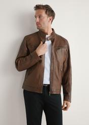 Men's leather jacket in cognac color KURMS-0397-1F(W26), front view of the product on the model. Half of the silhouette visible.