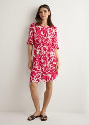 Pink floral viscose dress SUKDT-0271-5P(W26), front view of the product on the model. Full body visible.