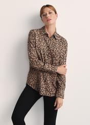 Dark beige women's shirt KOSDT-0173-24(Z25), front view of the product on the model, half of the silhouette visible.