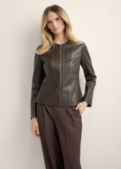 Women's brown leather jacket KURDS-0621-1I(KS), front view of the product on the model. Half of the silhouette visible.