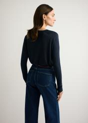 Thin navy blue women's sweater SWEDT-0257-7E(W26), product view from the back on the model, half of the silhouette visible.