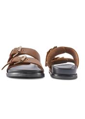 Camel leather women's flip-flops BUTYD-1161-1D(W26), front and back product view on white background.