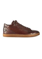 Brown men's leather sneakers BUTYM-0405B-89(Z25), product view from the side on a white background.