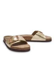 Women's leather flip-flops in gold color BUTYD-1157-2X(W26), diagonal product view on a white background.
