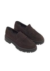 Dark brown suede women's moccasins BUTYD-1187-1I(Z26), diagonal product view on white background.