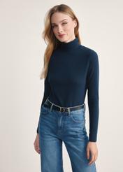 Navy blue women's turtleneck blouse LSLDT-0040-68(Z25), product visible from the front on the model, half of the silhouette visible.