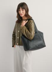 Large women's leather handbag TORES-1205-9I(W26), product view on model's shoulder. Half of silhouette visible.