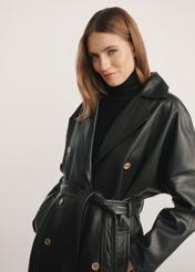 Women's black leather coat KURDS-0487-1192(Z25) - front product view on model against white background. Half silhouette visible.
