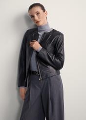 Classic women's genuine leather jacket KURDS-0209-1339(KS), front view of the product on the model. Half of the silhouette visible.