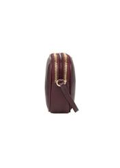 Small women's leather handbag in burgundy color TORES-1152-4D(Z26), product view from the side on a white background.