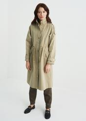 Women's olive colored coat with a button closure KURDT-0353-57(W22)-02