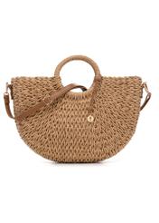 Semi-circular beige woven handbag TOREC-0940-1E(W26), front product view on white background.