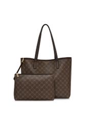 Women's brown shopper bag TOREC-0816A-89(Z25) - product and cosmetic bag view from the front on a white background.