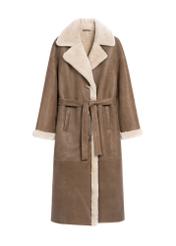 Long classic brown women's sheepskin coat KOZDS-0071-3091(Z25), product view from the front on a white background.