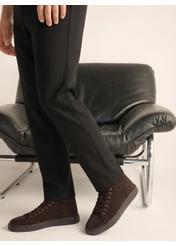 Dark brown suede men's shoes BUTYM-0582-1I(Z26), side view of the product on the model. Half of the silhouette visible.