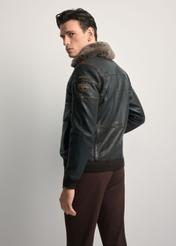 Brown leather jacket with collar KURMS-0380-1I(Z26), product view from the back on the model. Half of the silhouette visible.