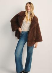 Women's brown short fur coat FUTDP-0076-1H(Z26) - front view of the product on a model, against a white background. Half of the silhouette visible.