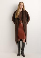 Women's long dark brown wool coat PLADT-0085-1I(Z26), front view of the product on the model. Full body visible.
