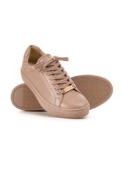 Women's pink leather sneakers BUTYD-1068-5D(W26), diagonal product view on white background.