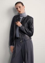 Classic women's genuine leather jacket KURDS-0209-1339(KS), front view of the product on the model. Half of the silhouette visible.