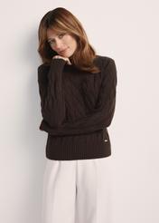 Chocolate women's sweater with decorative weave SWEDT-0210-90(Z25), front view of the product on the model. Half of the silhouette visible.