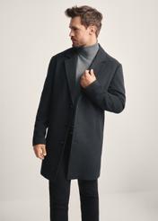Men's graphite wool coat PLAMT-0006-96(Z25), front view of the product on the model. Half of the silhouette visible.