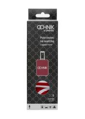 Red cover for a small suitcase with the AW-013-0002-4B-S(W26) logo, view of the product in the packaging on a white background.