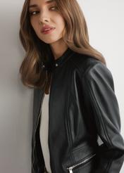 Women's black leather jacket KURDS-0603-99(W26) - front view of the product, on a model, against a light background. Half of the silhouette visible.