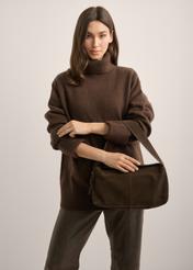 Dark brown suede handbag TORES-1186-1I(Z26), front view of the product on a model. Half of the silhouette visible.