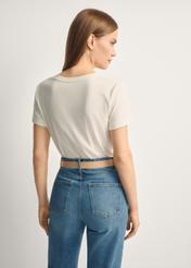 Cream women's t-shirt TSHDT-0149-12(Z25), product view from the back on the model, half of the silhouette visible.
