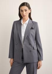 Women's gray blazer ZAKDT-0050-9D(Z26), front view of the product on the model. Half of the silhouette visible.