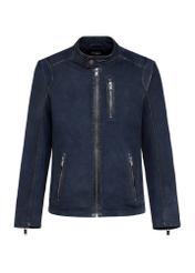 Navy blue men's genuine leather jacket KURMS-0369-2846(W25), front product view on white background.