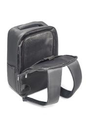 Gray PLCMN-0014-9D(Z26) airplane backpack. Back view, diagonally open, on a white background.